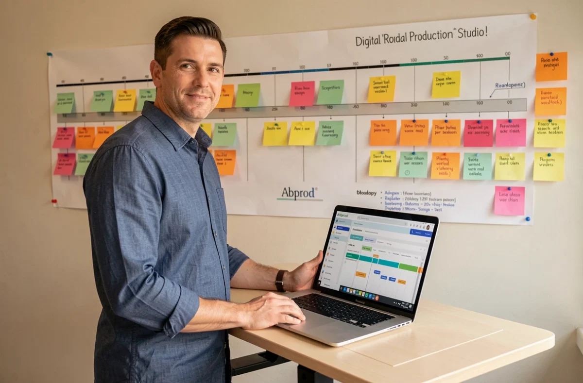 Chef de projet d'Abprod debout devant un tableau de roadmap numérique dans un bureau de production web