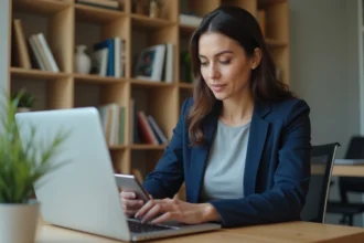 Femme professionnelle accédant à son compte bancaire en ligne en toute sécurité depuis son bureau à domicile