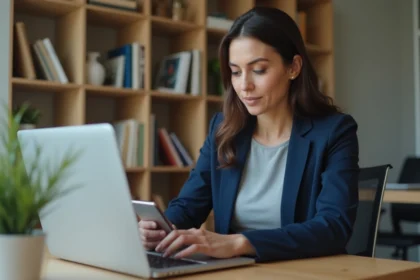 Femme professionnelle accédant à son compte bancaire en ligne en toute sécurité depuis son bureau à domicile
