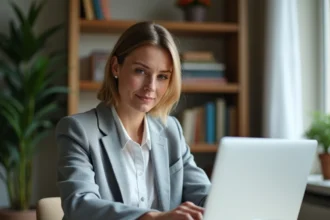 Femme travaillant depuis chez elle pour accéder à sa messagerie institutionnelle Mel Ouvert Versailles sur un ordinateur portable
