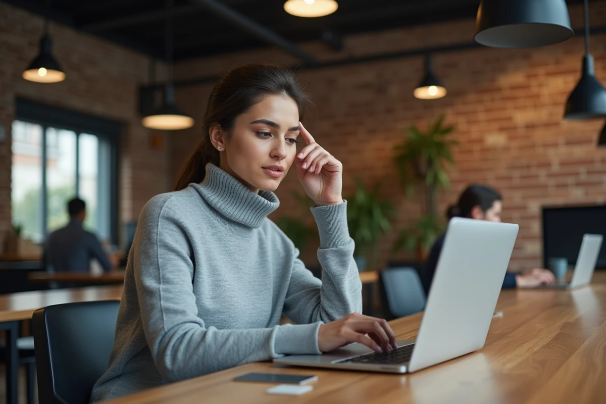 Jeune femme accédant à son espace bancaire sécurisé sur un ordinateur portable dans un espace de coworking