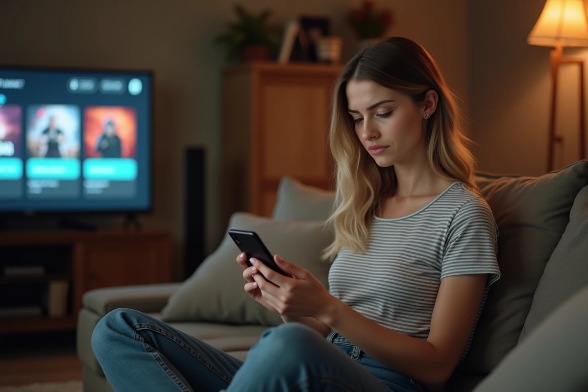 Femme consultant un site de revente de clés de jeux vidéo sur smartphone depuis son salon