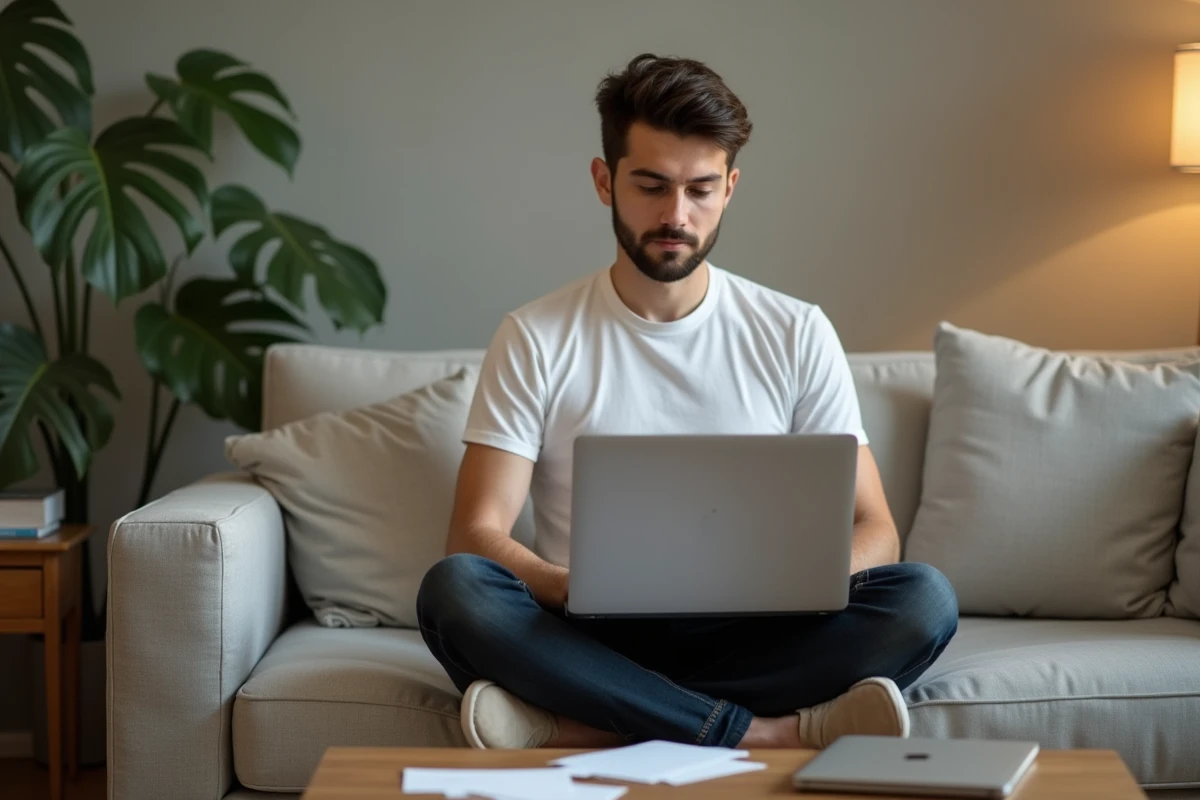 Jeune personne actualisant une page sur Google Chrome depuis un canapé dans un salon moderne
