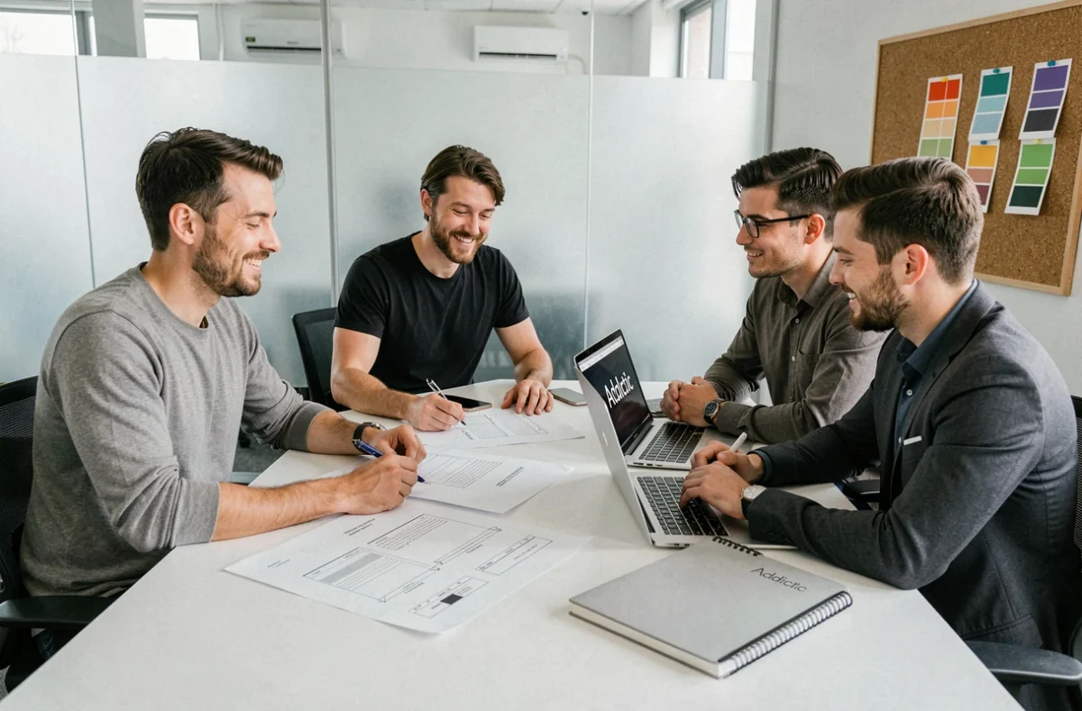 Équipe d'Addictic en réunion autour de maquettes web et d'un tableau de bord collaboratif