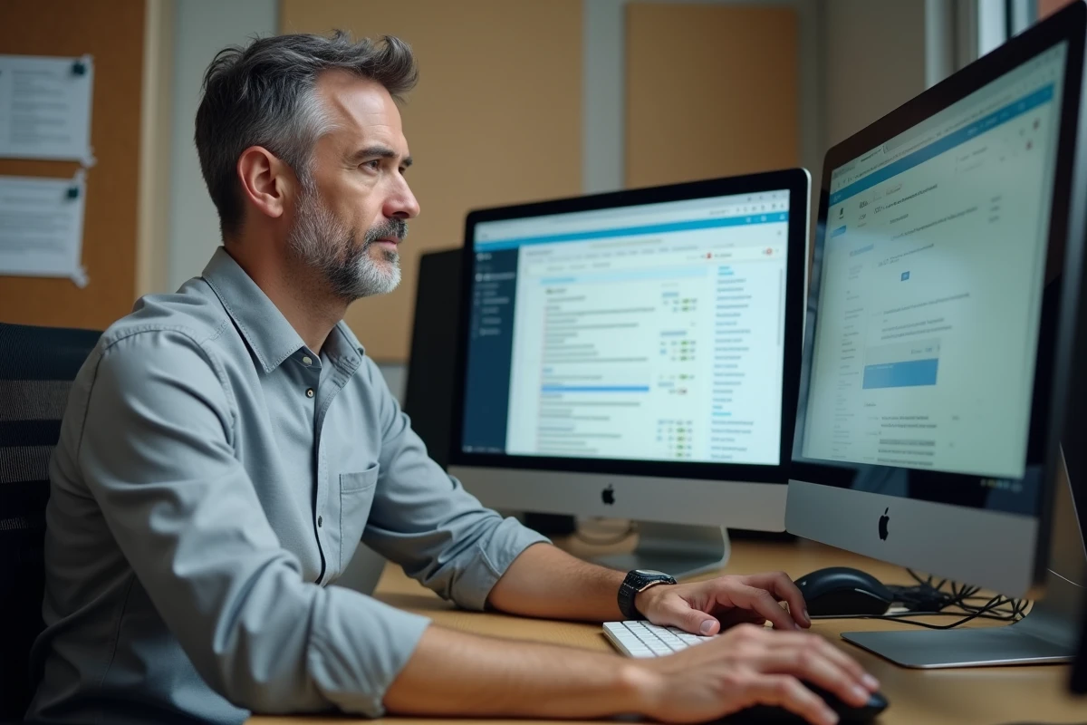 Administrateur informatique universitaire configurant Zimbra sur un client mail lourd face à une interface webmail sur double écran