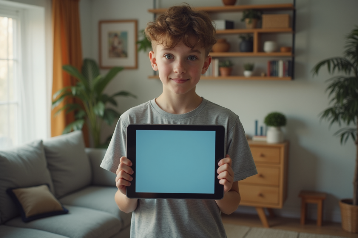 Adolescent surpris avec un message de blocage internet sur sa tablette