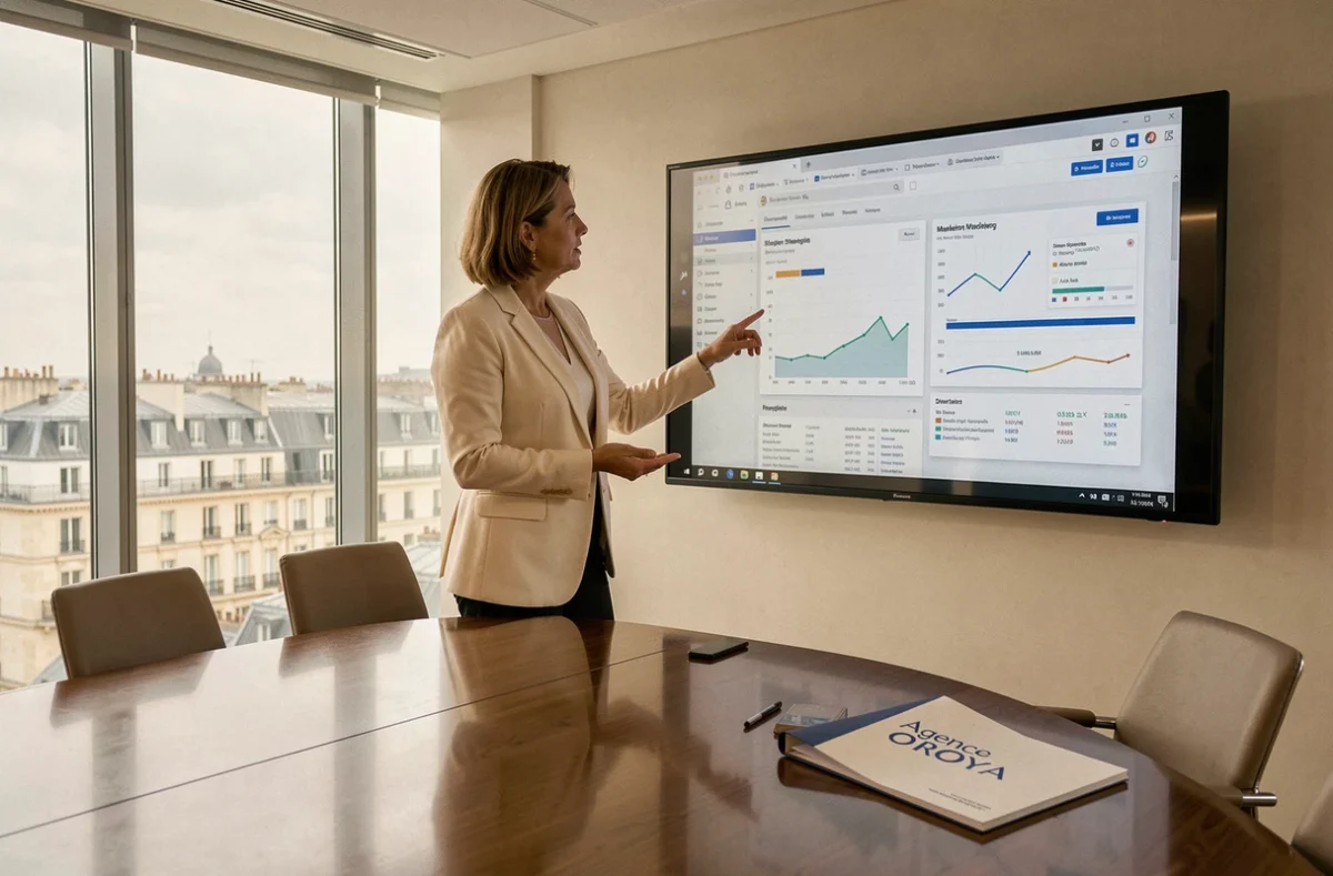 Consultante de l'Agence OROYA présentant une stratégie digitale dans une salle de réunion moderne avec vue sur la ville