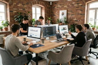 Équipe d'une agence de développement web en Centre-Val de Loire travaillant ensemble dans un open space moderne