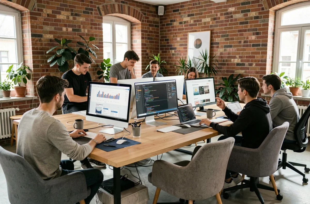 Équipe d'une agence de développement web en Centre-Val de Loire travaillant ensemble dans un open space moderne