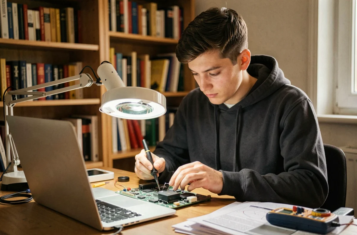 Réparateur PC indépendant Alexandre G. soudant un composant sur une carte mère d'ordinateur portable dans son atelier à domicile à Nanterre