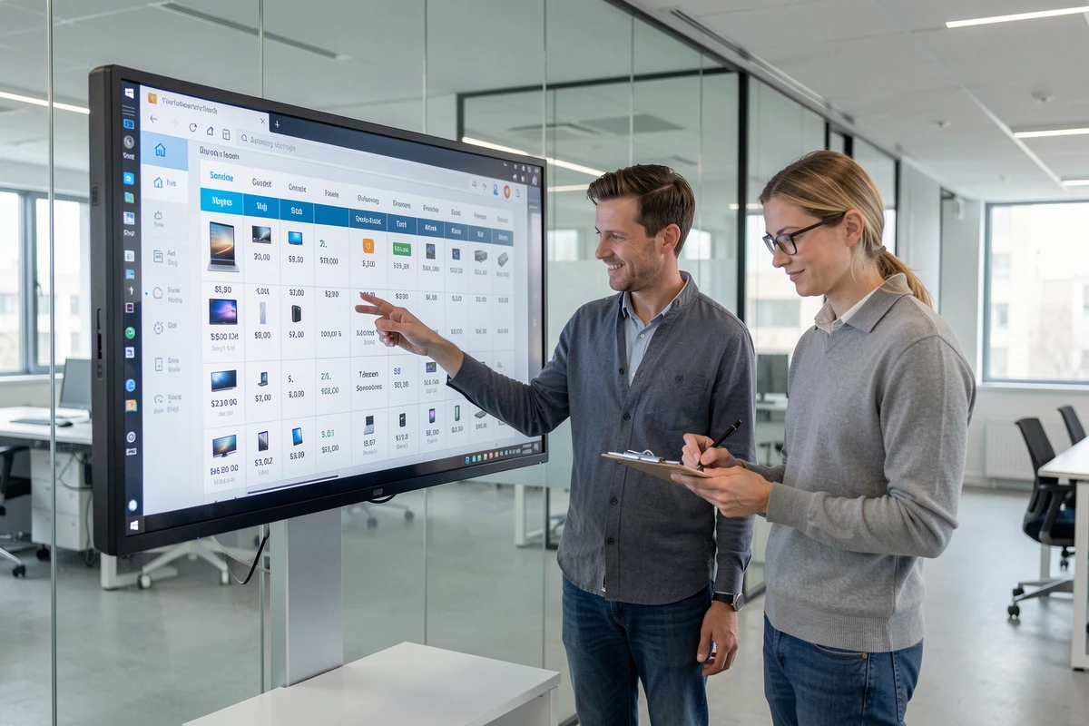 Deux collègues analysant un tableau comparatif de prix de matériel numérique sur un grand écran de bureau