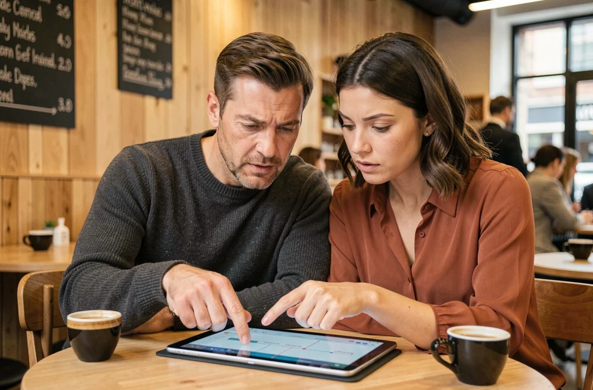 Deux collègues analysant les nouvelles fonctionnalités et limites d'un site d'archivage numérique sur tablette dans un café