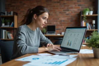 Femme analyste SEO étudiant des données de référencement naturel sur un ordinateur portable dans un bureau moderne