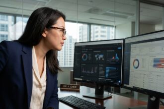 Analyste cybersécurité femme concentrée en bureau moderne