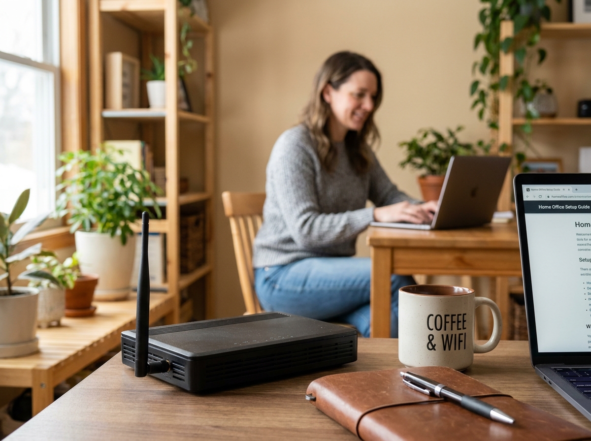 Routeur Wi-Fi avec antenne omnidirectionnelle sur un bureau à domicile dans un environnement de télétravail