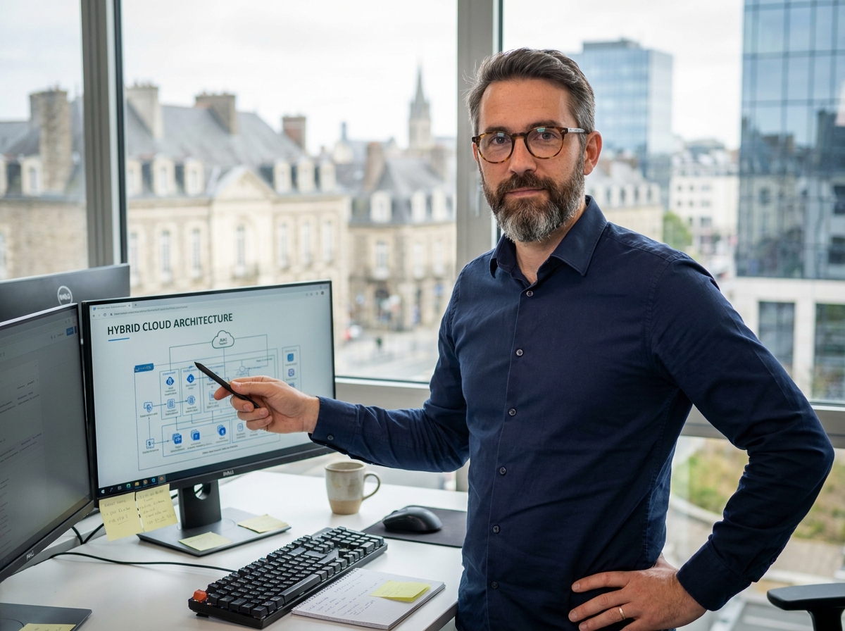 Architecte informatique présentant un schéma d'infrastructure cloud dans une ESN à Rennes