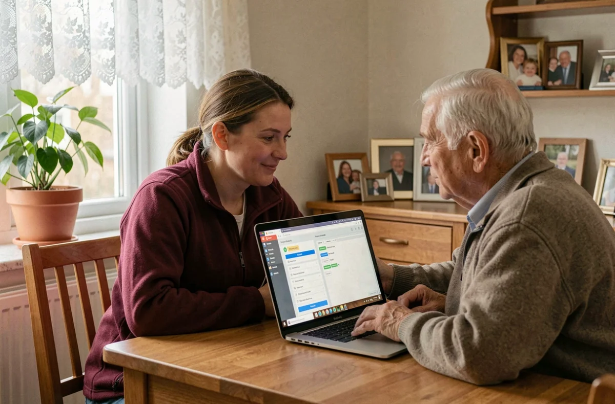 Technicienne d'Assistance Informatique Beauvais aidant un client âgé à domicile devant son ordinateur portable