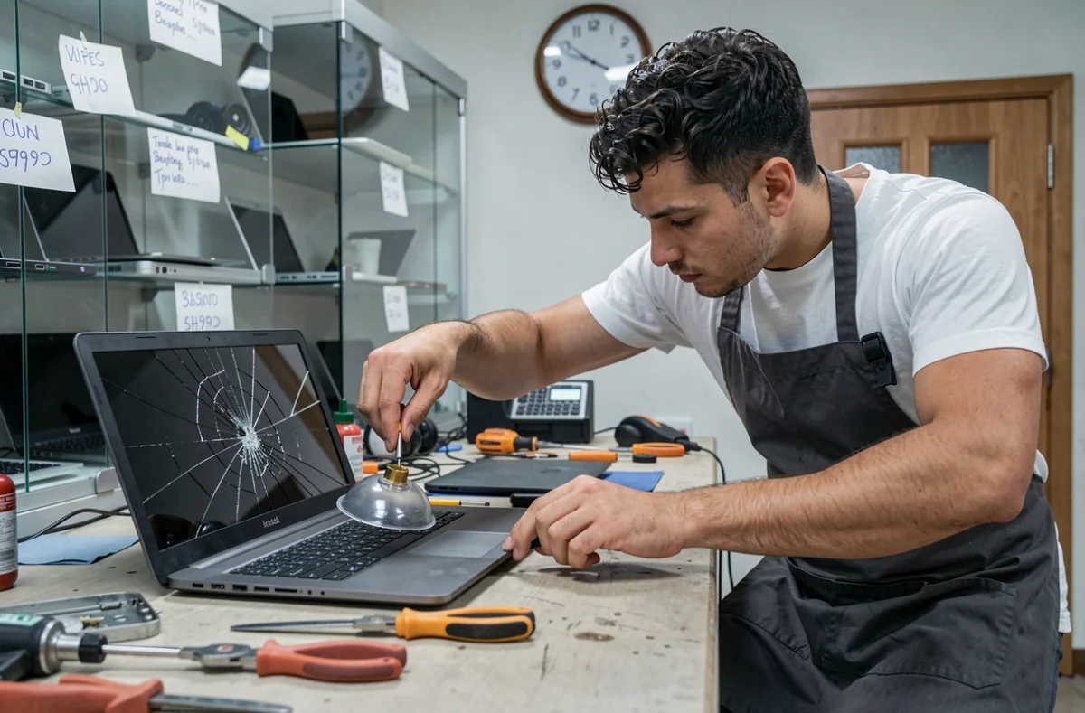 Technicien de l'Atelier du Clic remplaçant l'écran fissuré d'un ordinateur portable dans sa boutique