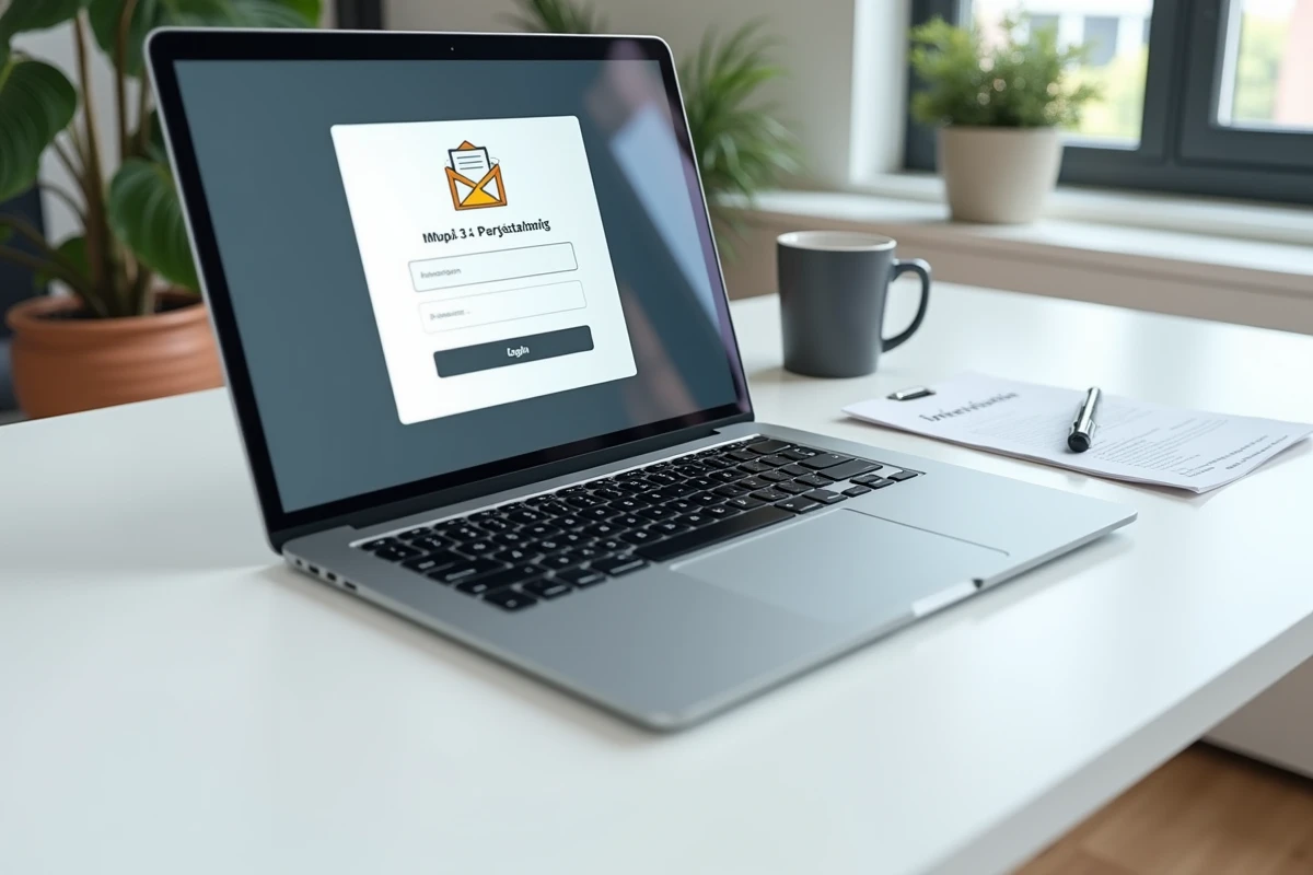 Bureau à domicile avec un ordinateur ouvert sur la page de connexion du webmail académique de Montpellier et des documents officiels