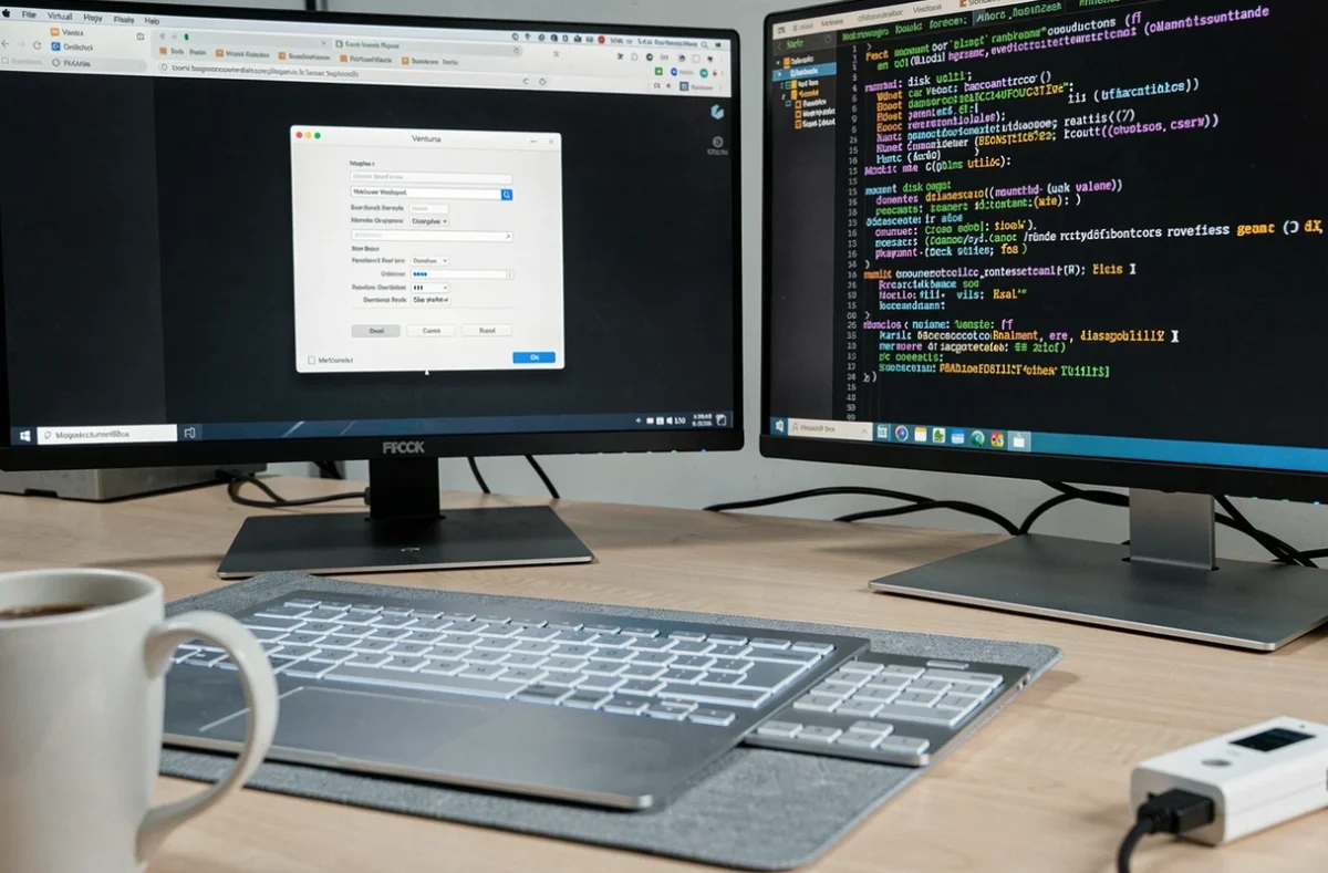 Bureau technique avec deux moniteurs affichant une machine virtuelle macOS et des commandes terminal pour configuration ISO