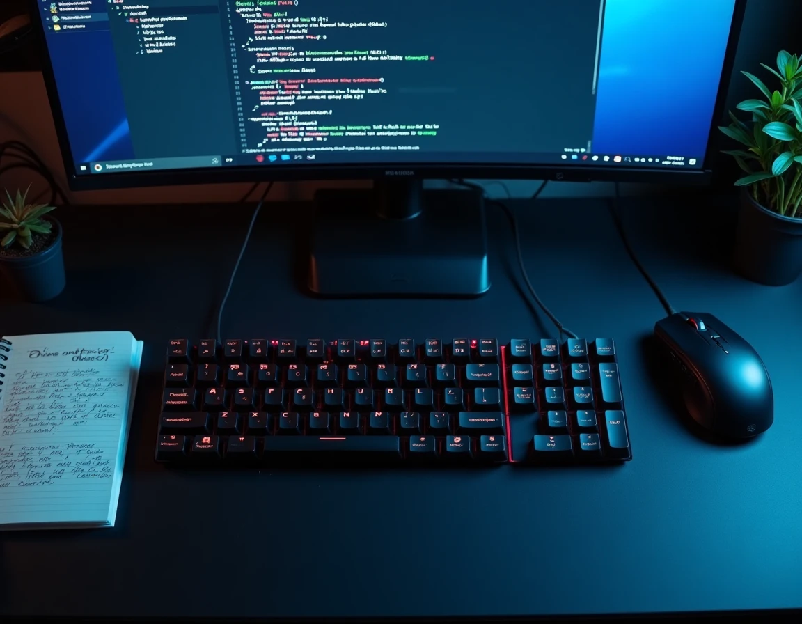 Vue aérienne d'un bureau gaming avec clavier mécanique et écran affichant la page Chrome flags avec des options activées pour optimiser le ping