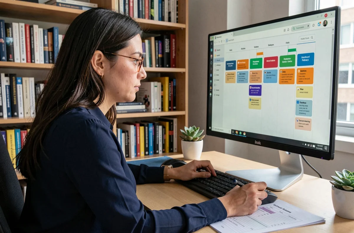 Chef de produit SaaS analysant une roadmap feature by feature sur écran d'ordinateur dans un bureau à domicile