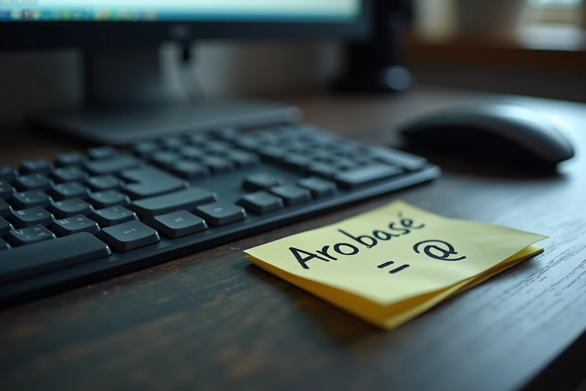 Clavier AZERTY en gros plan avec touche arobase et note autocollante explicative sur la différence entre @ et arobase