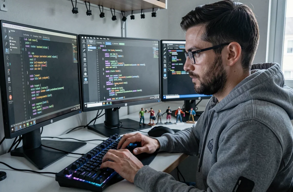 Ingénieur logiciel de Code-Troopers codant sur plusieurs écrans dans un environnement de développement structuré