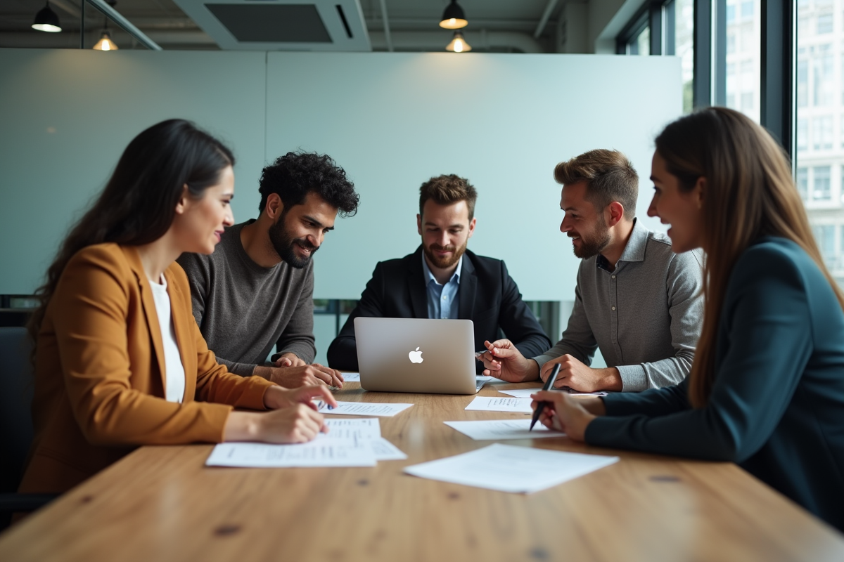 Groupe de cinq adultes collaborant dans un bureau moderne