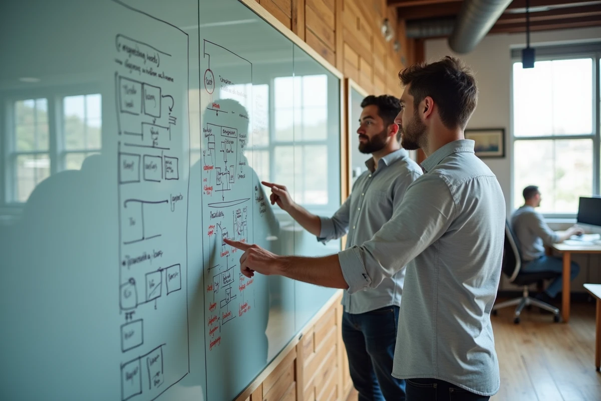 Deux game designers collaborant devant un tableau blanc couvert de diagrammes de conception pour un jeu multijoueur en studio