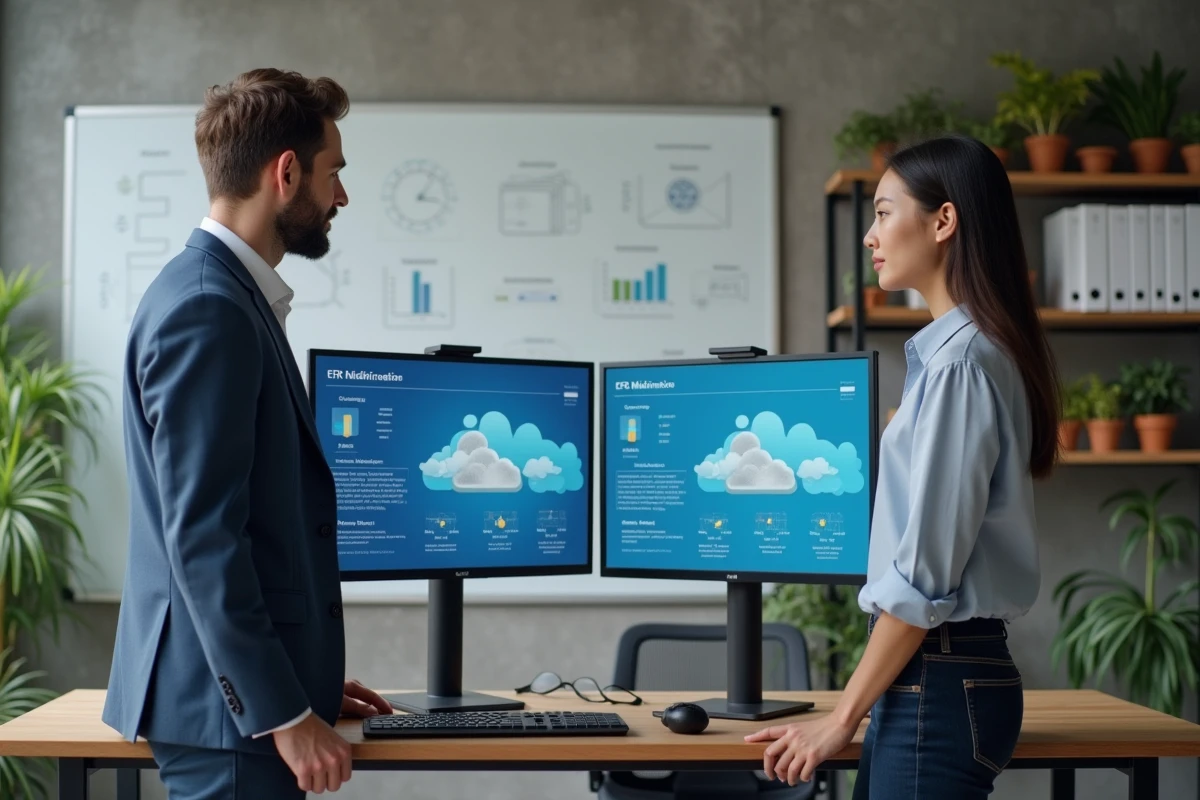 Deux professionnels IT collaborant sur un projet de migration ERP de Quadraondemand vers Yourcegid dans un bureau collaboratif