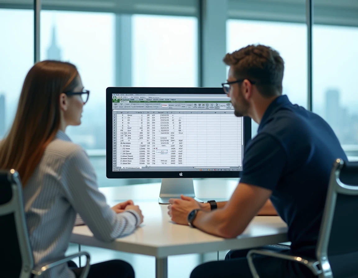 Deux collègues collaborant sur un tableau Excel inversé depuis un tableau croisé dynamique en salle de réunion