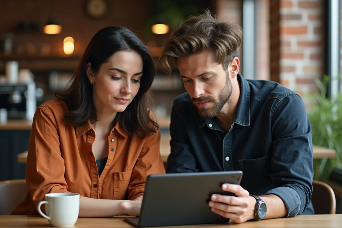 Deux collègues vérifiant les réglages de sécurité d'un compte webmail sur une tablette dans un café