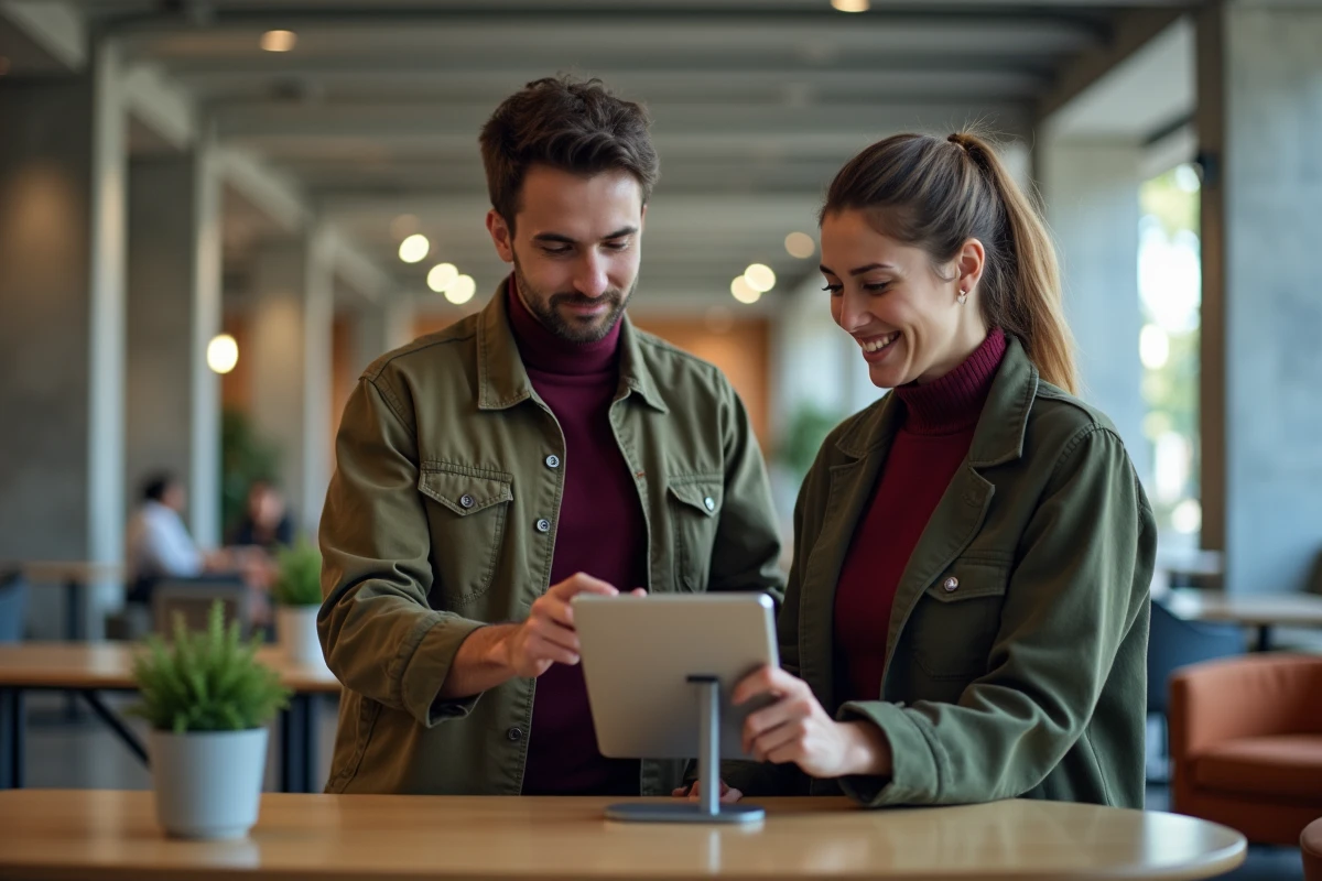 Deux collègues universitaires discutant des différences entre l'interface web et le client mail Zimbra sur une tablette dans un espace commun