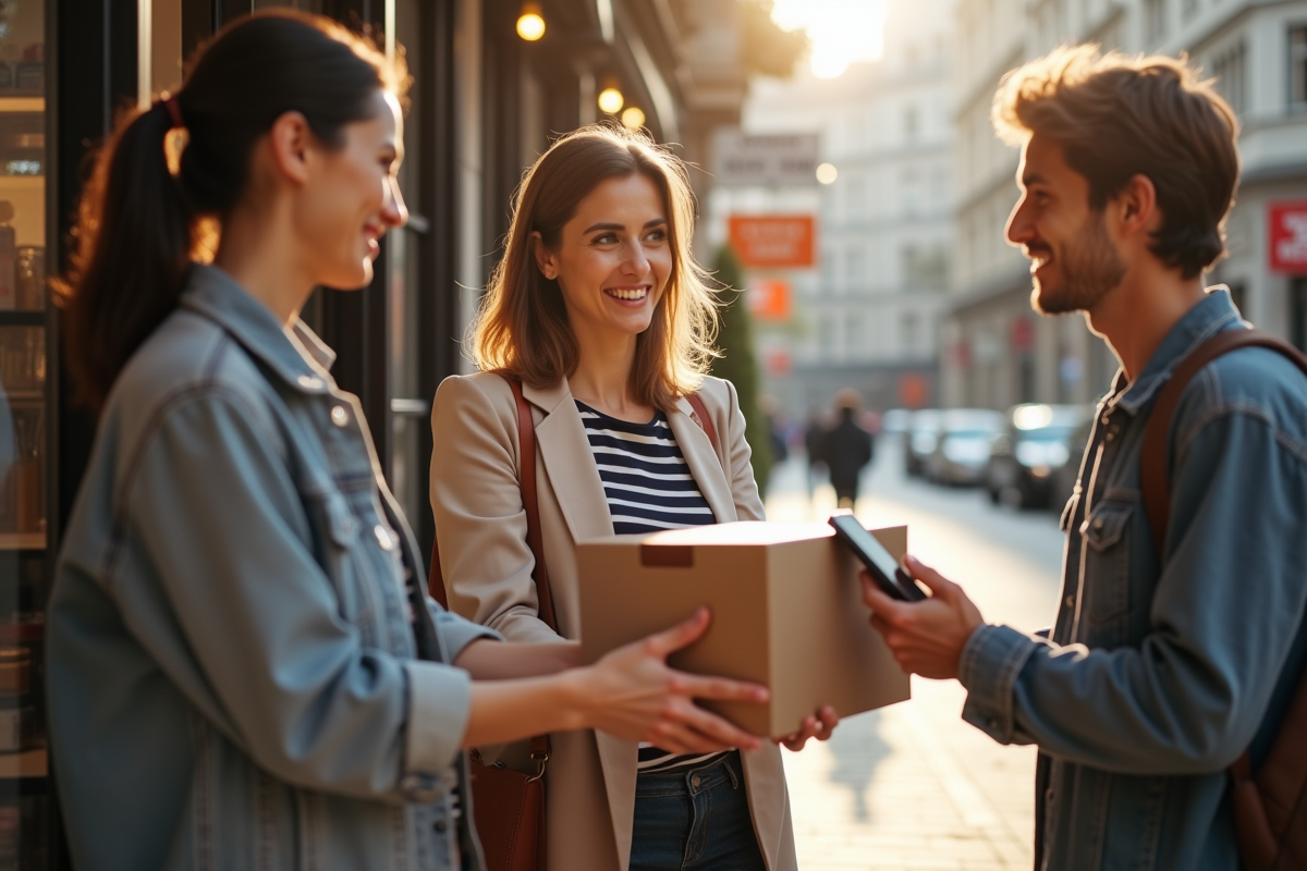 Vendeur local remettant un colis au client souriant