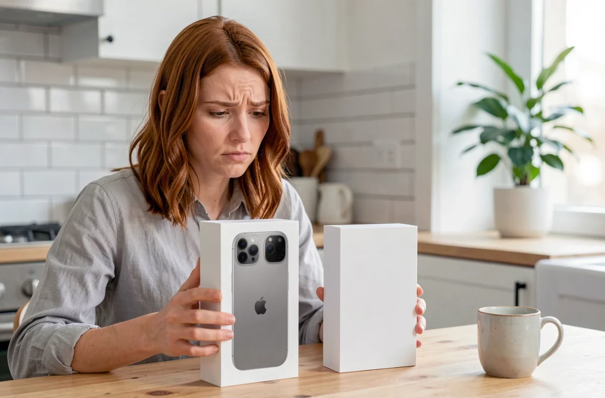 Femme comparant un emballage d'iPhone 14 Pro reconditionné et une boîte originale Apple sur une table