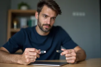 Technicien comparant un câble USB-C et un câble USB-A dans un bureau moderne