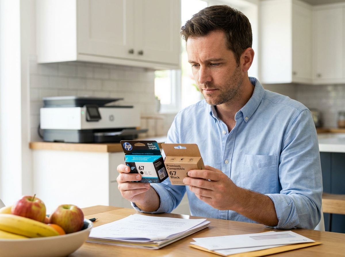Homme comparant des cartouches d'encre originales et compatibles sur une table de cuisine familiale