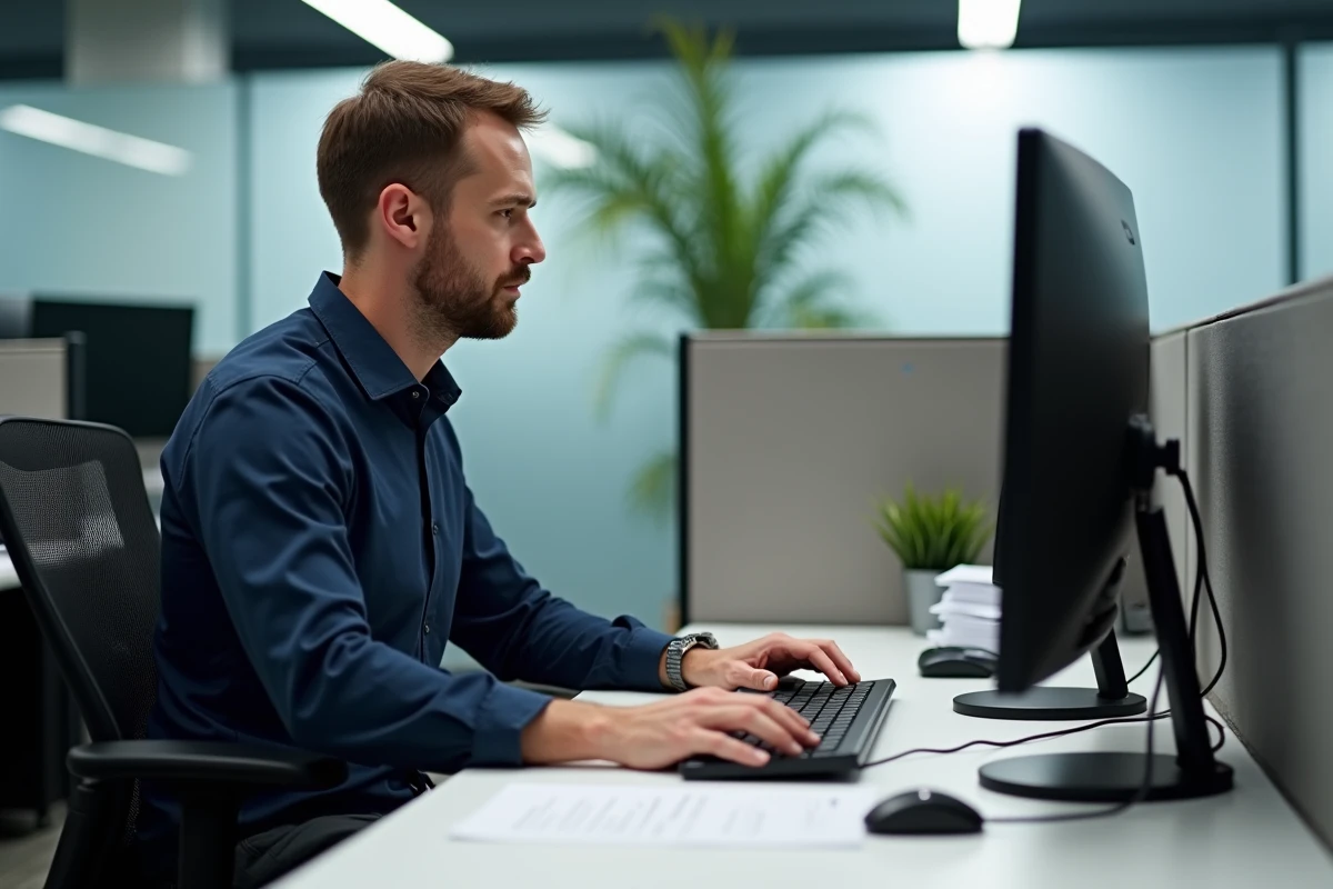 Homme comparant deux claviers AZERTY et QWERTY côte à côte pour comprendre le dérèglement de la touche arobase