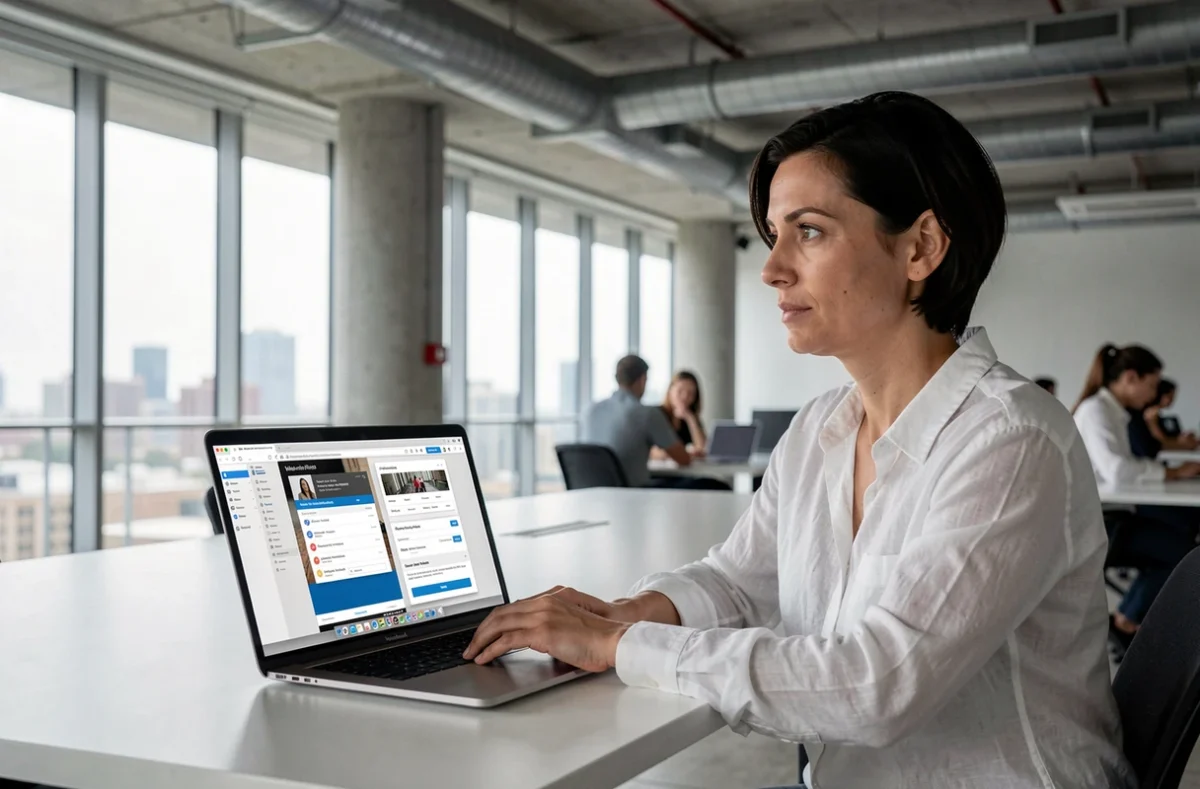 Femme comparant l'évolution d'un site d'archivage web sur ordinateur portable dans un espace de coworking moderne