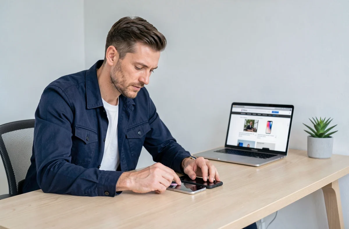 Homme comparant deux modèles d'iPhone 5G côte à côte sur un bureau minimaliste à domicile pour trouver le meilleur prix en 2026