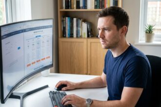 Professionnel informatique comparant des offres d'hébergement web sur un écran d'ordinateur dans un bureau moderne
