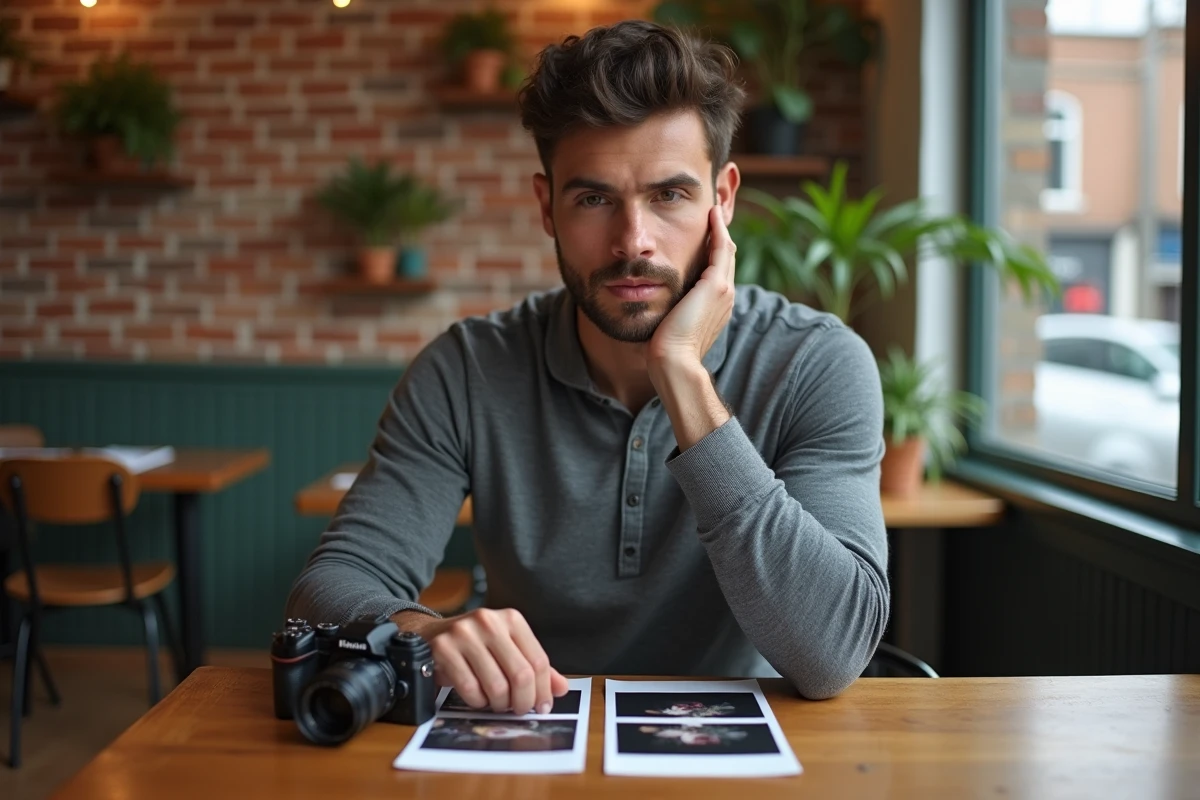 Comparaison entre le Google Pixel 8a et un appareil photo dédié posés sur une table de café, avec des tirages photo pour évaluer la qualité d'image