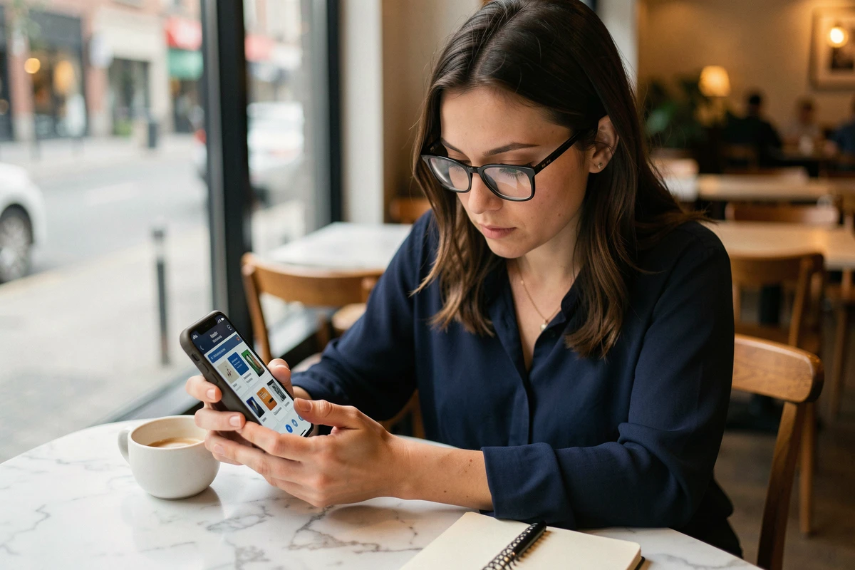 Femme comparant des prix de matériel informatique sur smartphone dans un café moderne