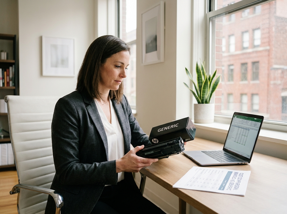 Femme d'affaires comparant un toner compatible et un toner de marque pour réduire les coûts d'impression