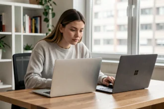 Femme comparant un MacBook Air et un PC Windows sur un bureau en bois dans un home office moderne