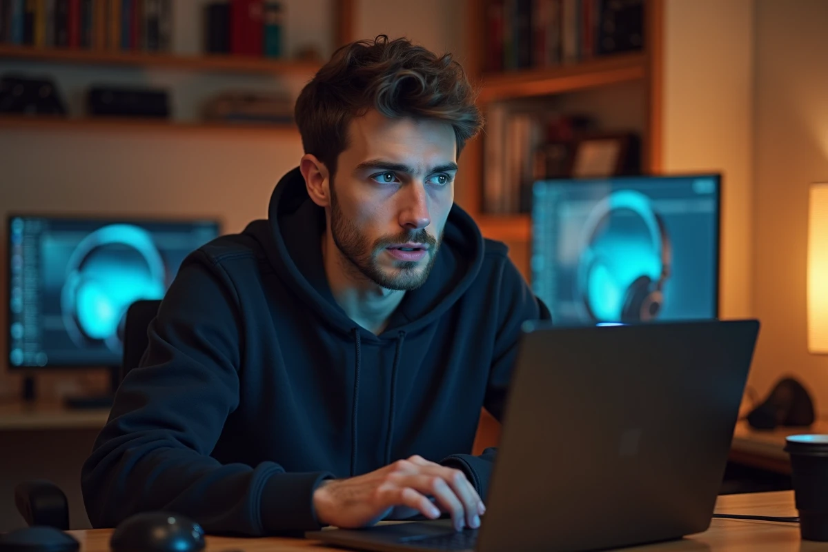 Jeune homme comparant des prix de jeux vidéo sur un site comme Instant Gaming depuis son bureau à domicile