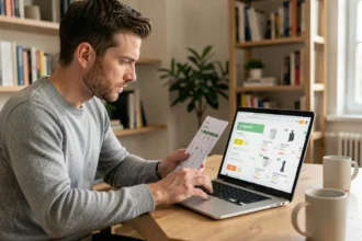 Homme consultant un comparateur de prix en ligne sur un ordinateur portable dans un bureau à domicile