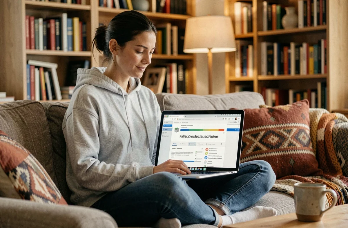 Femme compressant des fichiers avec un logiciel d'archivage sur un canapé confortable
