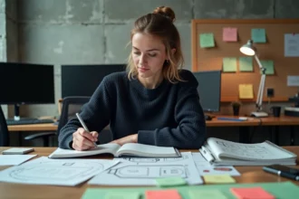 Conceptrice de jeux vidéo rédigeant un GDD pour un jeu multijoueur dans un studio moderne avec documents et schémas éparpillés sur le bureau
